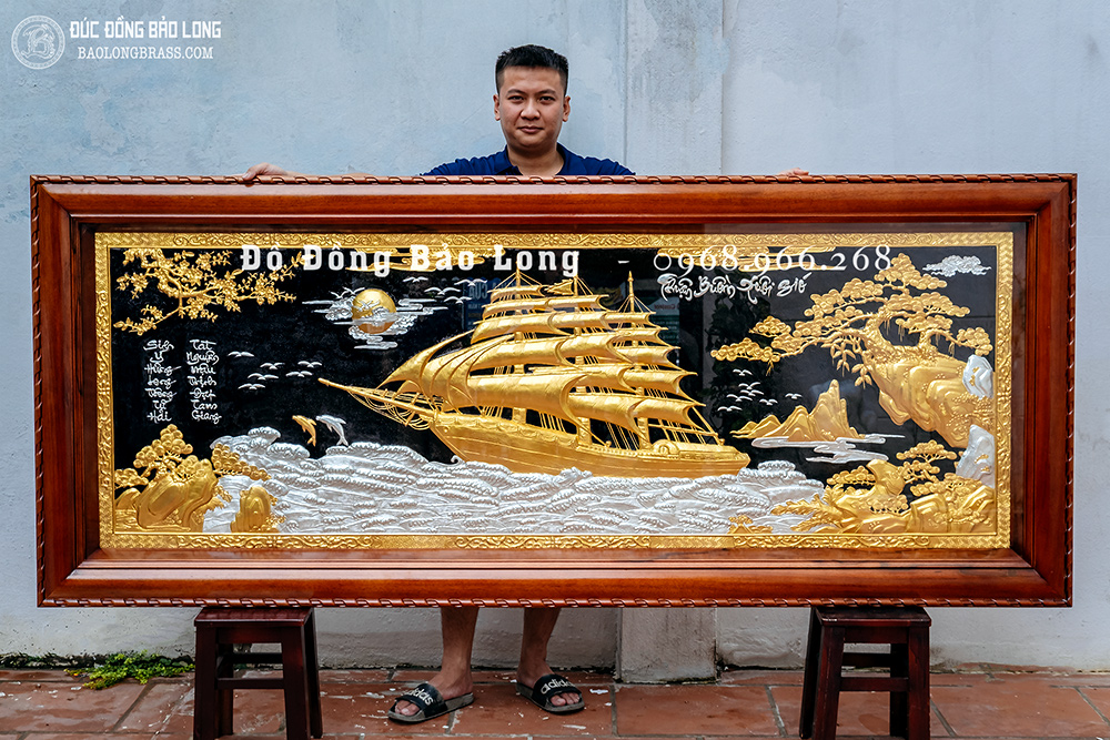Tranh Thuận Buồm Xuôi Gió Bằng Đồng Dát Bạc Dát Vàng 9999 Khổ 2m4 x 1