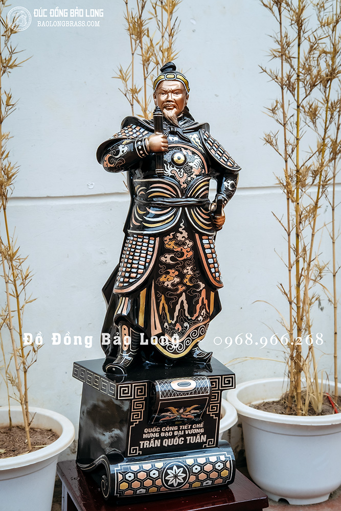 Tượng Trần Hưng Đạo Đứng Bệ Thuyền Bằng Đồng Khảm Tam Khí Cao 61Cm