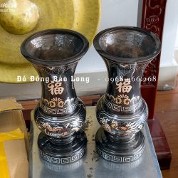Đôi Lọ Hoa Bằng Đồng Khảm Tam Khí Rồng Phượng Cao 30Cm