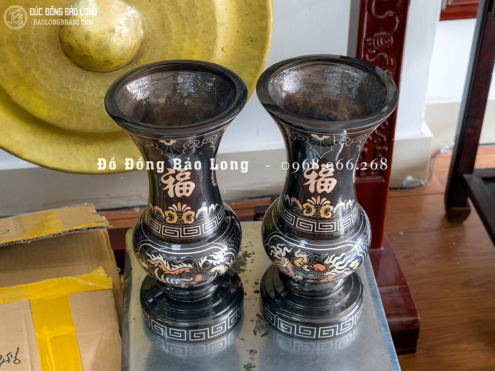 Đôi Lọ Hoa Bằng Đồng Khảm Tam Khí Rồng Phượng Cao 30Cm
