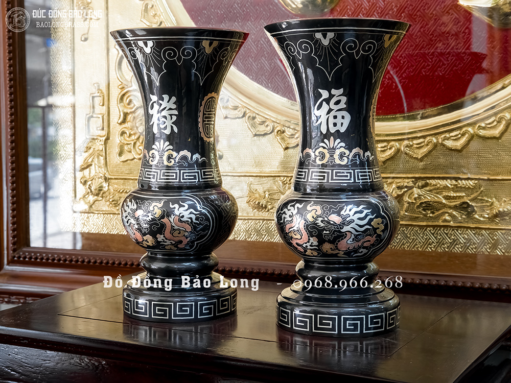 Đôi Lọ Hoa Bằng Đồng Khảm Tam Khí Rồng Phượng Cao 30Cm