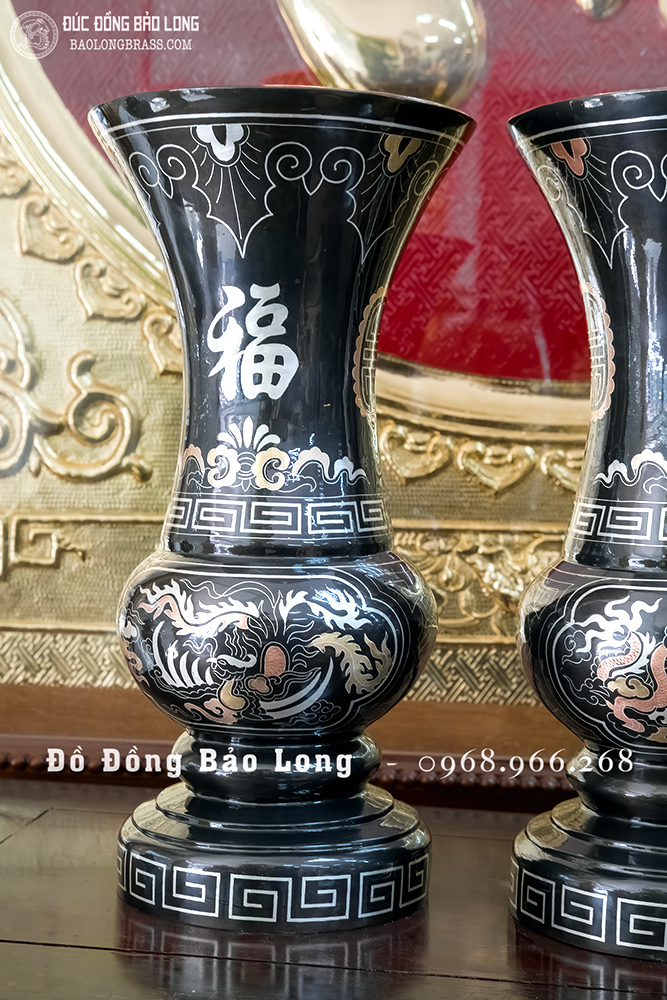 Đôi Lọ Hoa Bằng Đồng Khảm Tam Khí Rồng Phượng Cao 30Cm