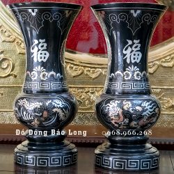 Đôi Lọ Hoa Bằng Đồng Khảm Tam Khí Rồng Phượng Cao 30Cm