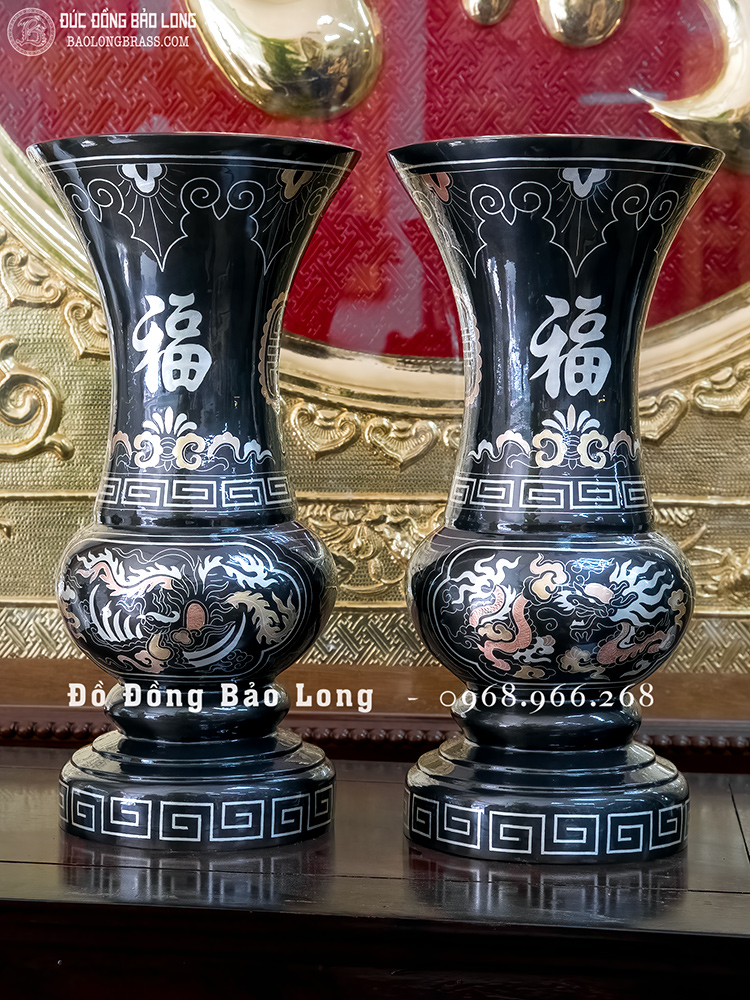Đôi Lọ Hoa Bằng Đồng Khảm Tam Khí Rồng Phượng Cao 30Cm