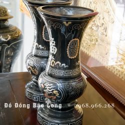 Đôi Lọ Hoa Bằng Đồng Khảm Tam Khí Rồng Phượng Cao 30Cm
