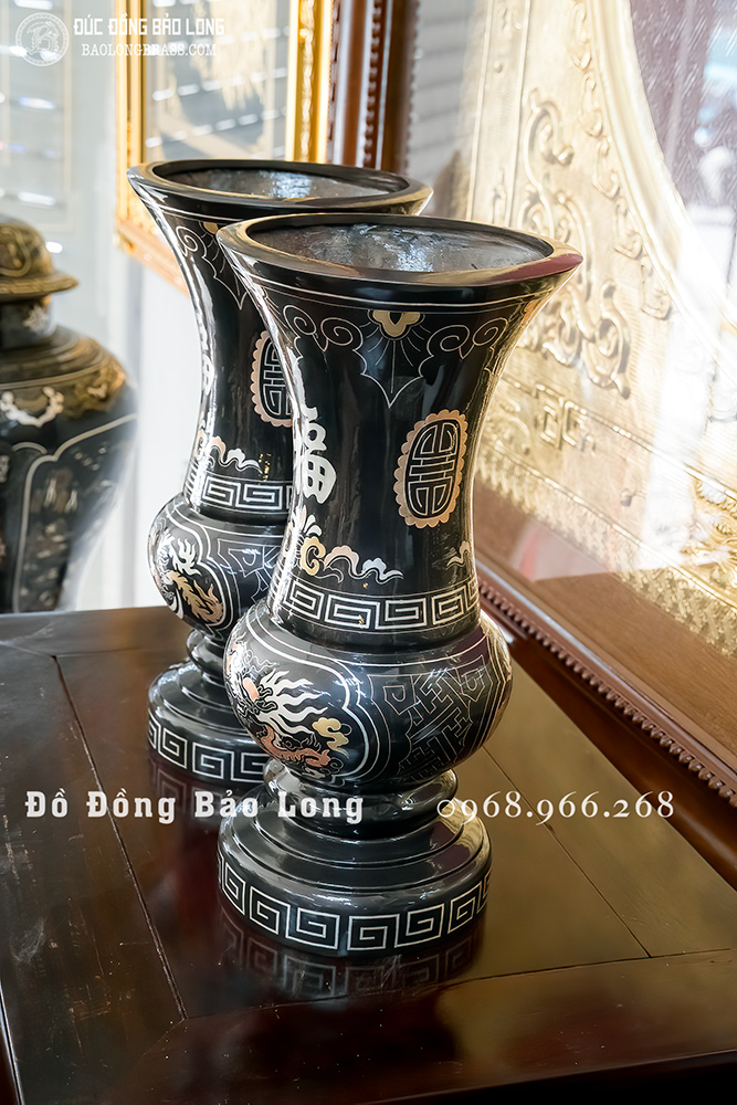 Đôi Lọ Hoa Bằng Đồng Khảm Tam Khí Rồng Phượng Cao 30Cm