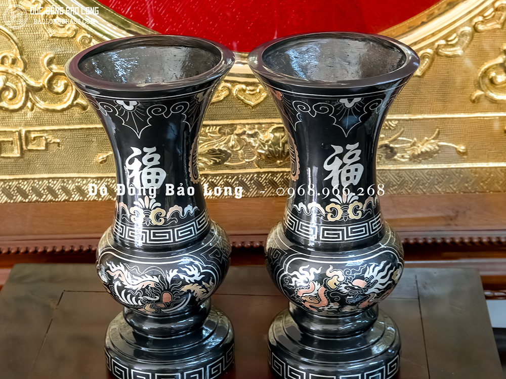 Đôi Lọ Hoa Bằng Đồng Khảm Tam Khí Rồng Phượng Cao 30Cm