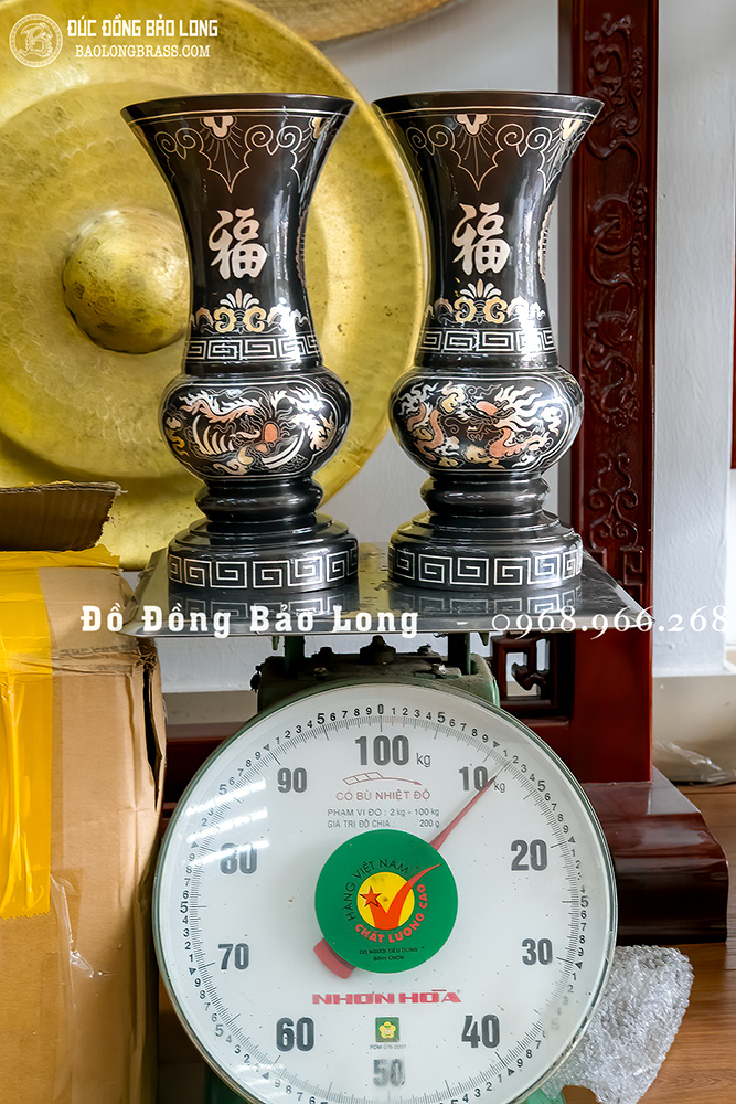 Đôi Lọ Hoa Bằng Đồng Khảm Tam Khí Rồng Phượng Cao 30Cm