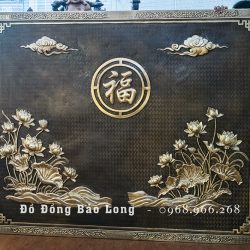 Tranh Hoa Sen Chữ Phúc khung liền đồng khổ 1m97 x 1m60 màu giả cổ