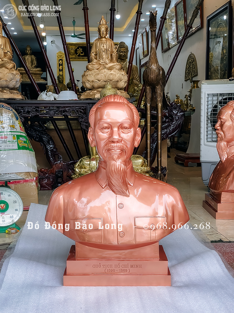 Tượng Bác Hồ Bán Thân Bằng Đồng Đỏ Cao 89Cm Để Bục
