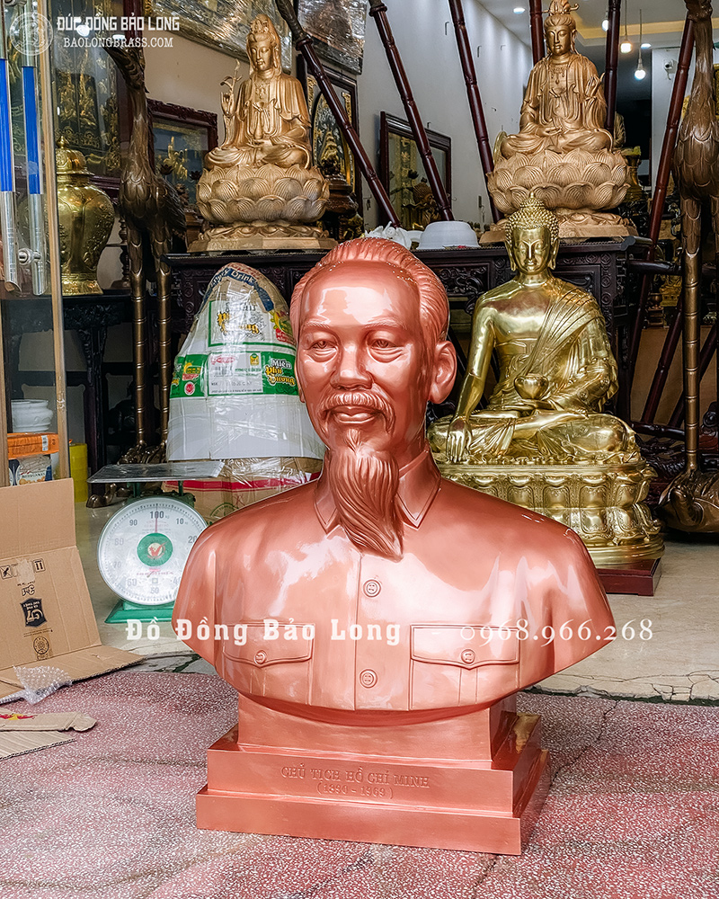 Tượng Bác Hồ Bán Thân Bằng Đồng Đỏ Cao 89Cm Để Bục