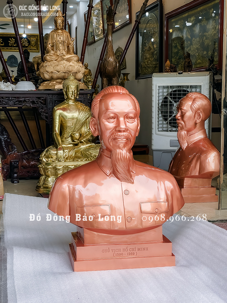 Tượng Bác Hồ Bán Thân Bằng Đồng Đỏ Cao 89Cm Để Bục