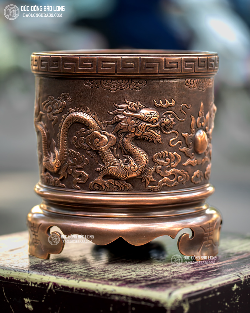 Bát Nhang Đồng Song Long Chầu Nguyệt ĐK 23Cm Màu Giả Cổ