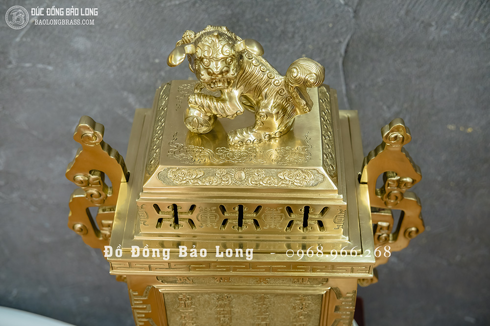 Đỉnh Vuông Tai Triện Bằng Đồng Vàng Catut Cao 60Cm