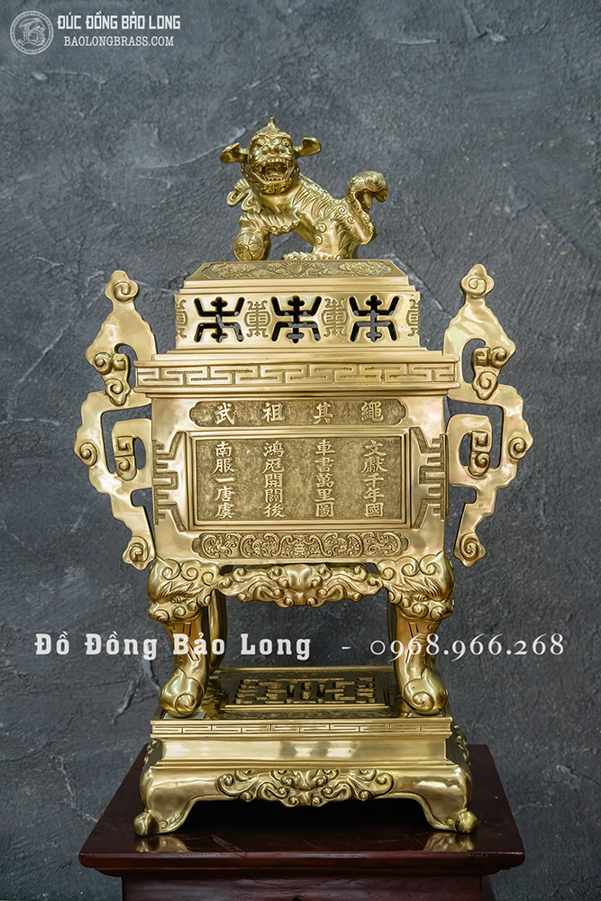 Đỉnh Vuông Tai Triện Bằng Đồng Vàng Catut Cao 60Cm