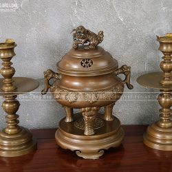 Bộ Tam Sự đồng vàng đúc Thập Sòi cao 46cm màu trầm cổ