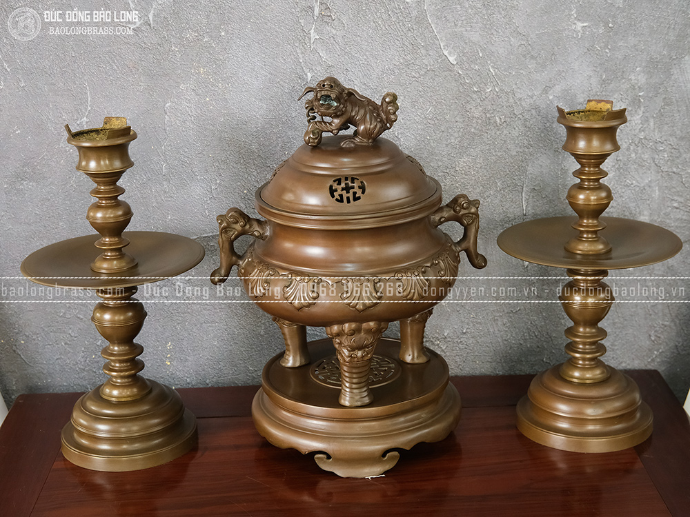 Bộ Tam Sự Đồng Vàng Đúc Thập Sòi Cao 46Cm Màu Trầm Cổ