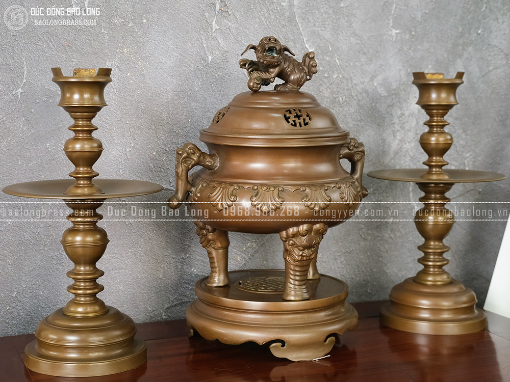 Bộ Tam Sự Đồng Vàng Đúc Thập Sòi Cao 46Cm Màu Trầm Cổ
