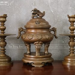 Bộ Tam Sự đồng vàng đúc Thập Sòi cao 46cm màu trầm cổ