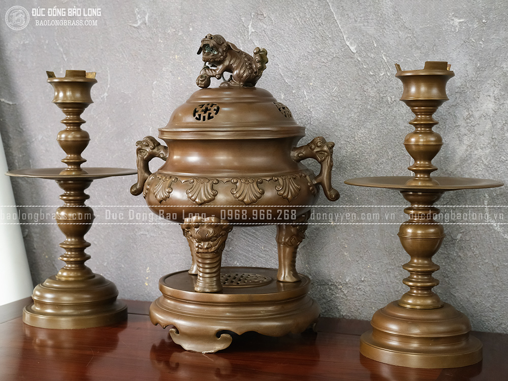 Bộ Tam Sự Đồng Vàng Đúc Thập Sòi Cao 46Cm Màu Trầm Cổ