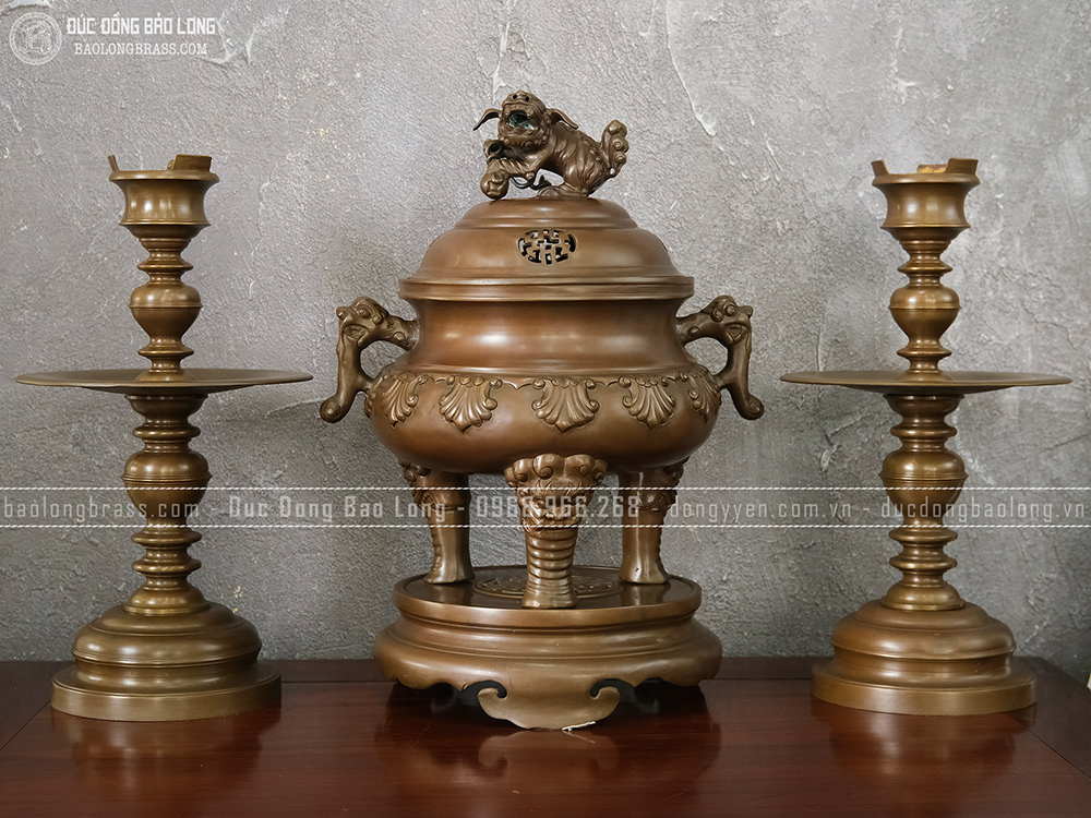 Bộ Tam Sự Đồng Vàng Đúc Thập Sòi Cao 46Cm Màu Trầm Cổ