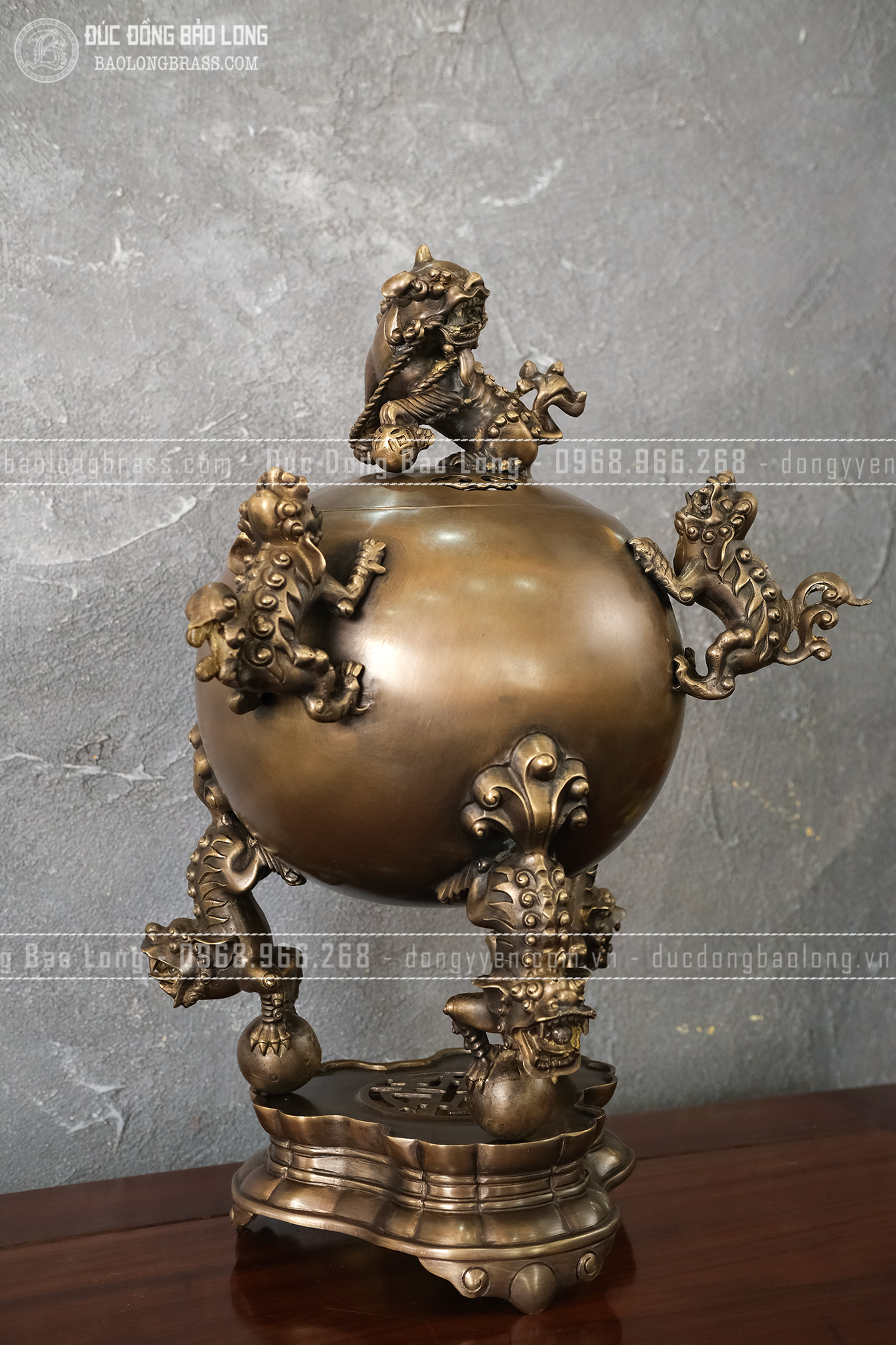 Đỉnh Thất Lân Đồng Vàng Cao 57Cm Màu Trầm Cổ