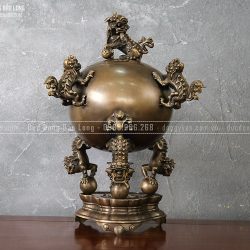 Đỉnh Thất Lân Đồng Vàng Cao 57Cm Màu Trầm Cổ