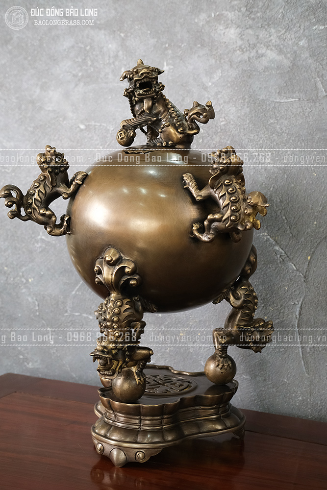 Đỉnh Thất Lân Đồng Vàng Cao 57Cm Màu Trầm Cổ