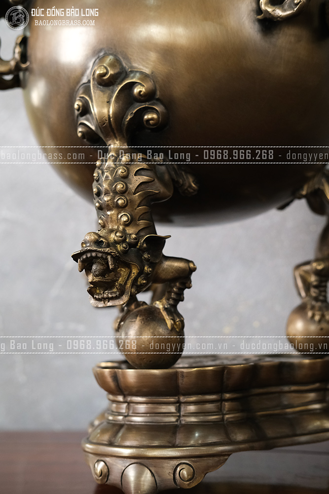 Đỉnh Thất Lân Đồng Vàng Cao 57Cm Màu Trầm Cổ