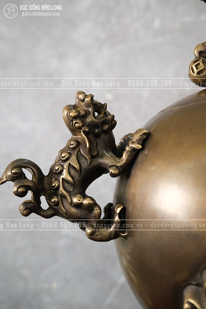 Đỉnh Thất Lân Đồng Vàng Cao 57Cm Màu Trầm Cổ
