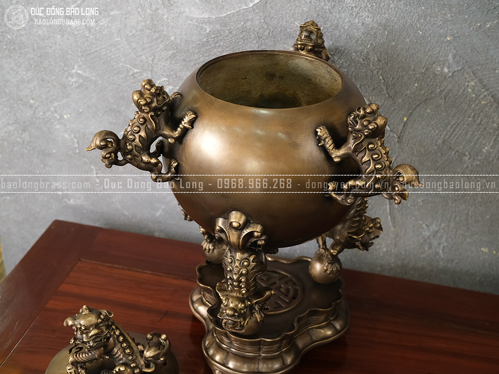 Đỉnh Thất Lân Đồng Vàng Cao 57Cm Màu Trầm Cổ