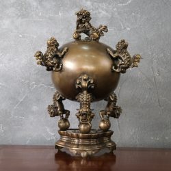 Đỉnh Thất Lân Đồng Vàng Cao 57Cm Màu Trầm Cổ