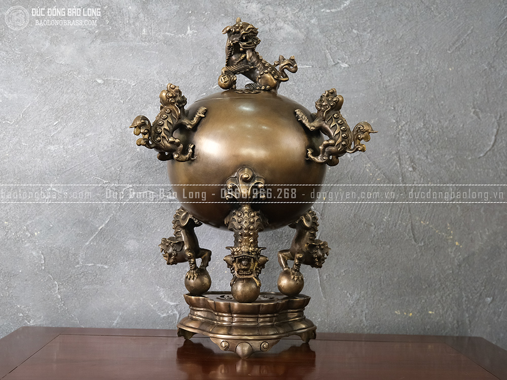 Đỉnh Thất Lân Đồng Vàng Cao 57Cm Màu Trầm Cổ