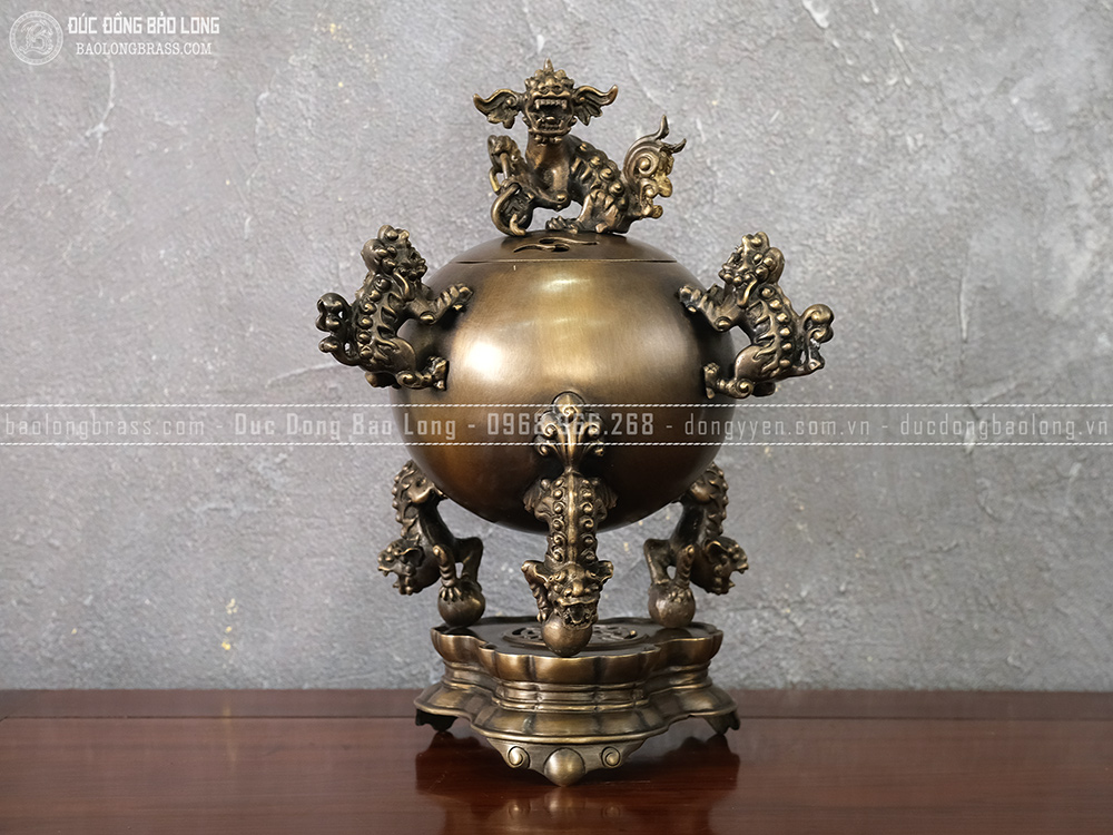 Đỉnh Thất Lân Đồng Vàng Cao 40Cm Màu Trầm Cổ