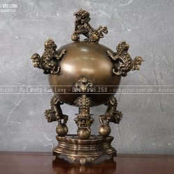 Đỉnh Thất Lân Đồng Vàng Cao 40Cm Màu Trầm Cổ