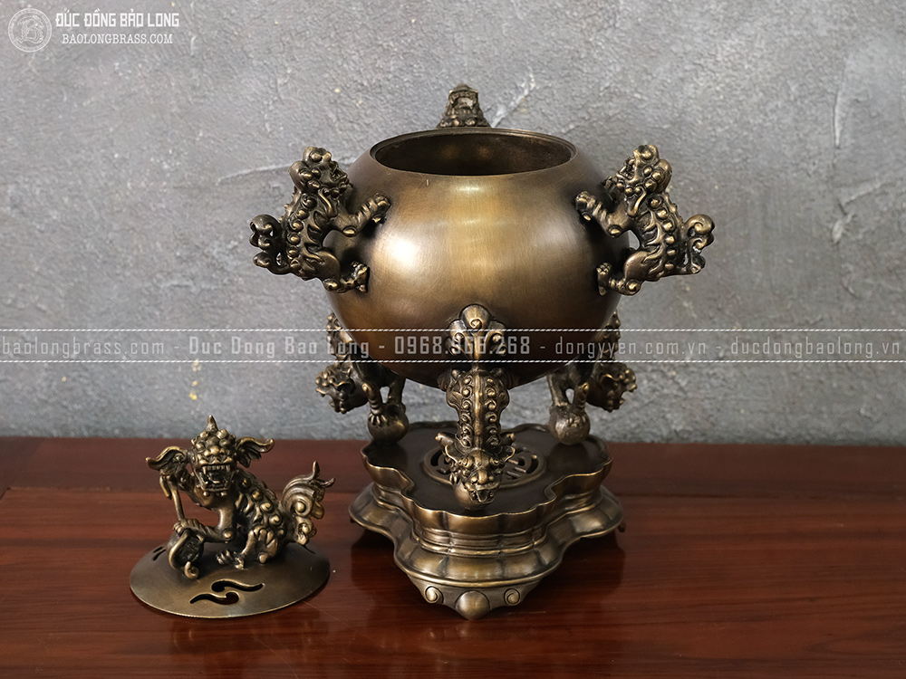 Đỉnh Thất Lân Đồng Vàng Cao 40Cm Màu Trầm Cổ