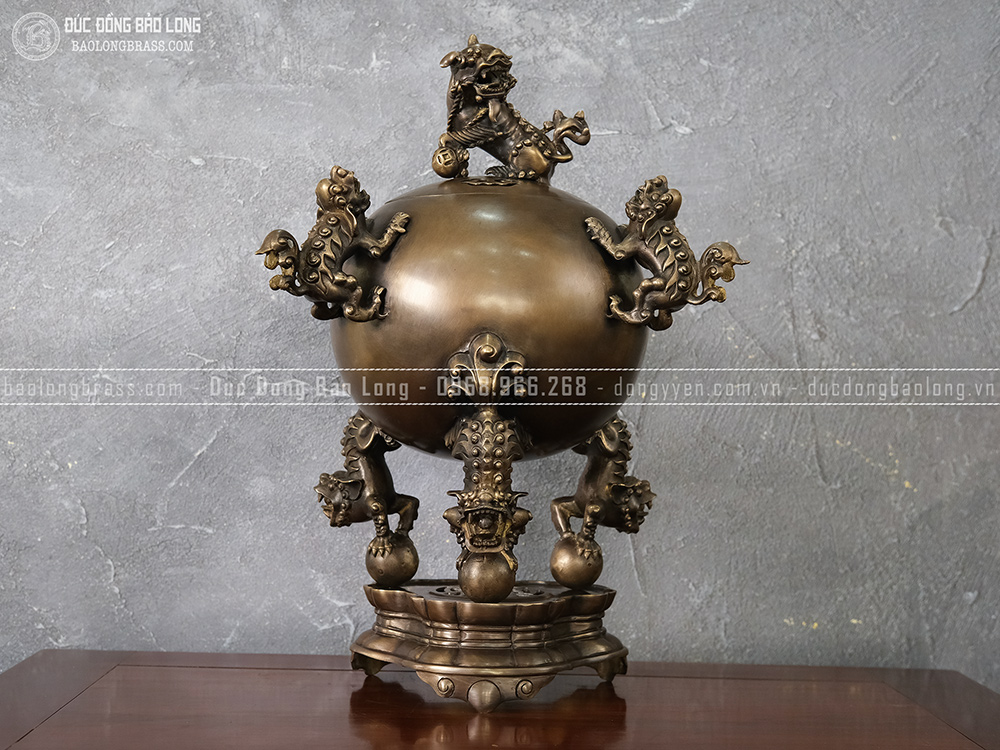 Đỉnh Thất Lân Đồng Vàng Cao 40Cm Màu Trầm Cổ
