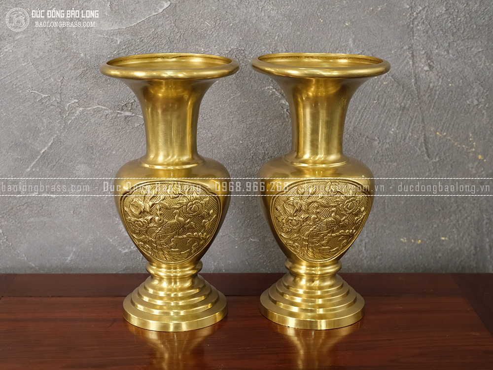 Đôi Lọ Hoa Khai Phú Quý Bằng Đồng Thau Cao 38Cm