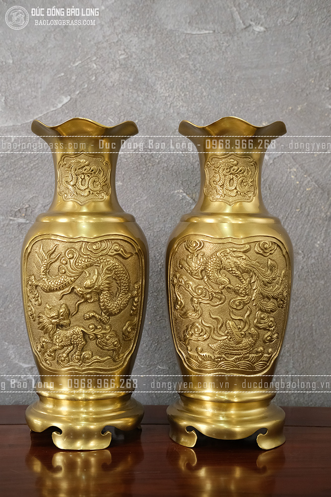 Đôi lọ hoa Tứ Linh chữ Lộc bằng đồng vàng mộc 38cm