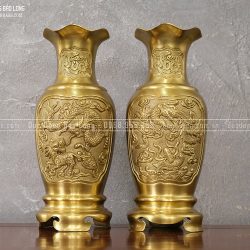 Đôi lọ hoa Tứ Linh chữ Lộc bằng đồng vàng mộc 38cm