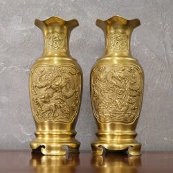 Đôi Lọ Hoa Tứ Linh Chữ Lộc Bằng Đồng Vàng Mộc 38Cm