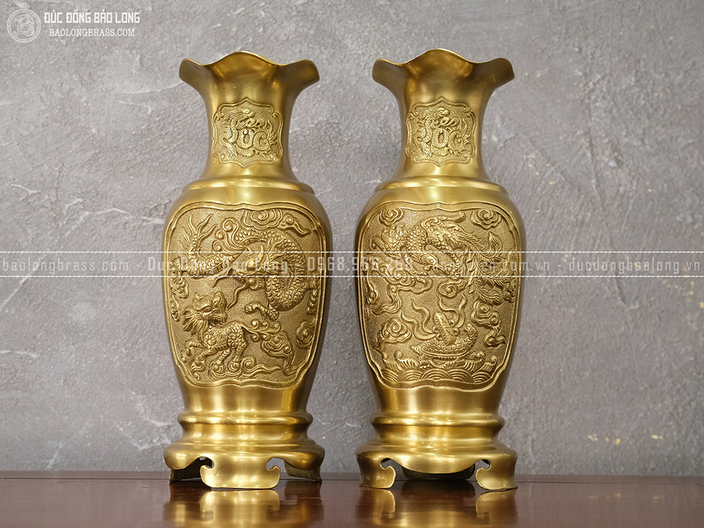 Đôi Lọ Hoa Tứ Linh Chữ Lộc Bằng Đồng Vàng Mộc 38Cm