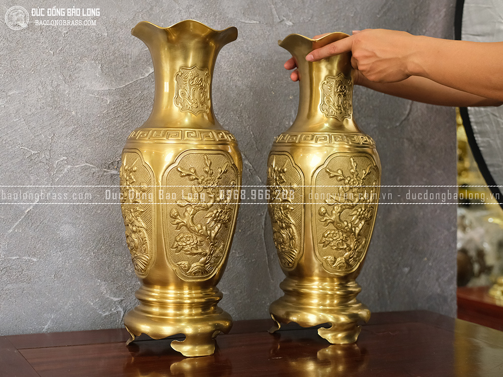 Đôi Lọ Tứ Quý Bằng Đồng Vàng Cao 50Cm