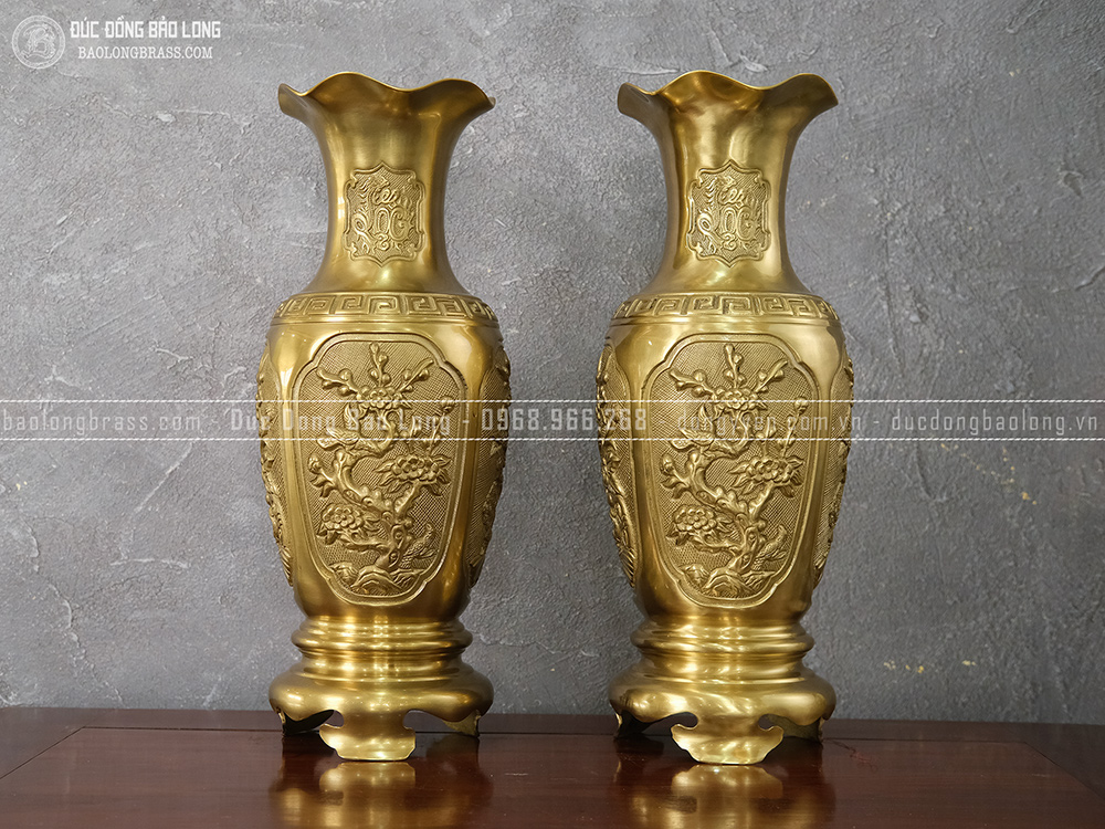 Đôi Lọ Tứ Quý Bằng Đồng Vàng Cao 50Cm