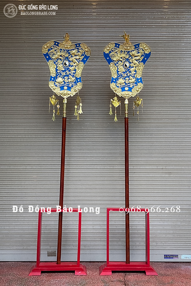 Quạt Ba Tiêu Bằng Đồng Vàng 78cm x 50cm Giá Đỡ Gỗ Lim