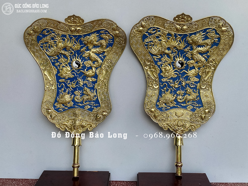 Quạt Ba Tiêu Bằng Đồng Vàng 78cm x 50cm Giá Đỡ Gỗ Lim