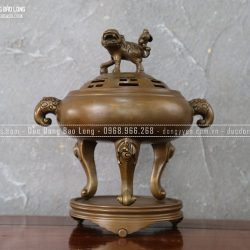 Lư Xông Trầm Chân Dơi Phúc Bằng Đồng Vàng Cao 27Cm Màu Giả Cổ