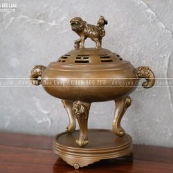 Lư Xông Trầm Chân Dơi Phúc Bằng Đồng Vàng Cao 27Cm Màu Giả Cổ