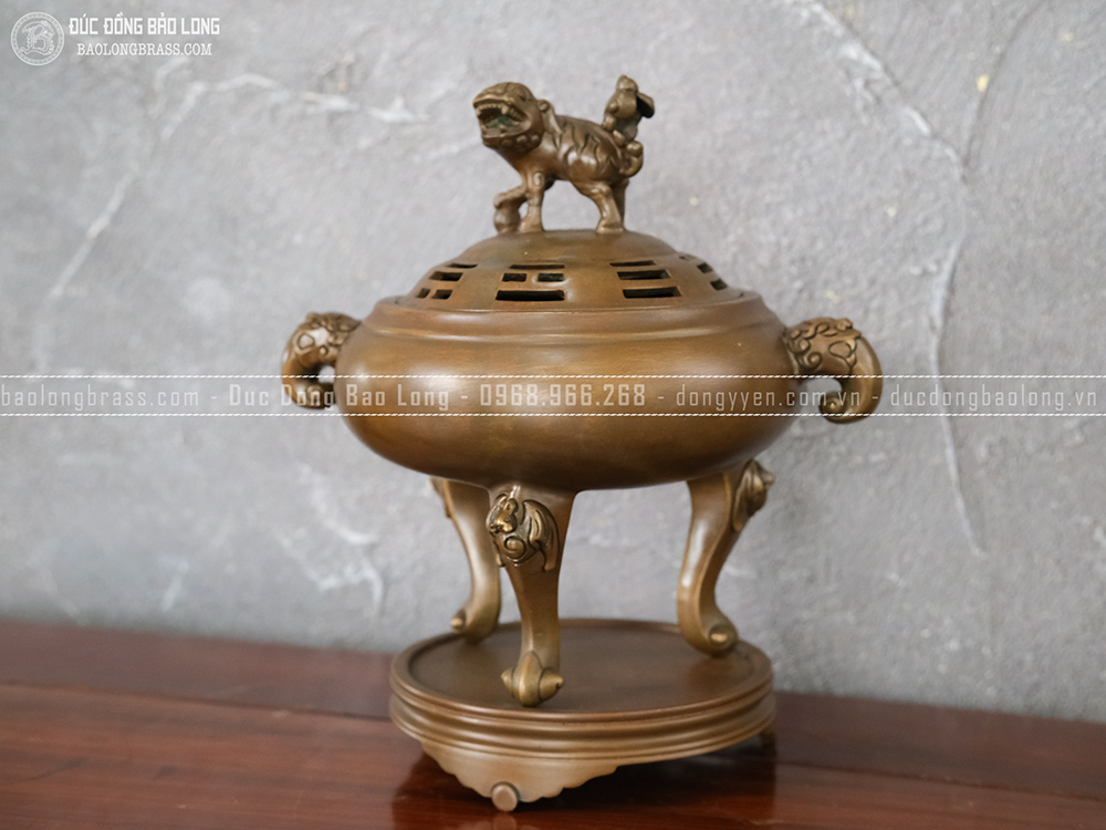 Lư Xông Trầm Chân Dơi Phúc Bằng Đồng Vàng Cao 27Cm Màu Giả Cổ