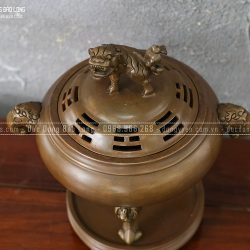 Lư Xông Trầm Chân Dơi Phúc Bằng Đồng Vàng Cao 27Cm Màu Giả Cổ